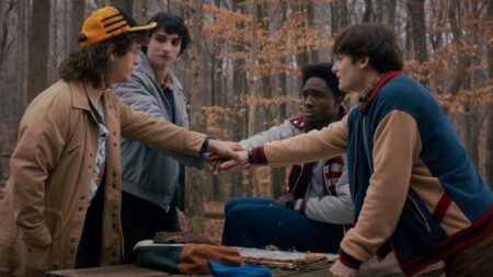 Gaten Matarazzo, Finn Wolfhard, Caleb McLaughlin, and Noah Schnapp in 'Stranger Things' Season 5