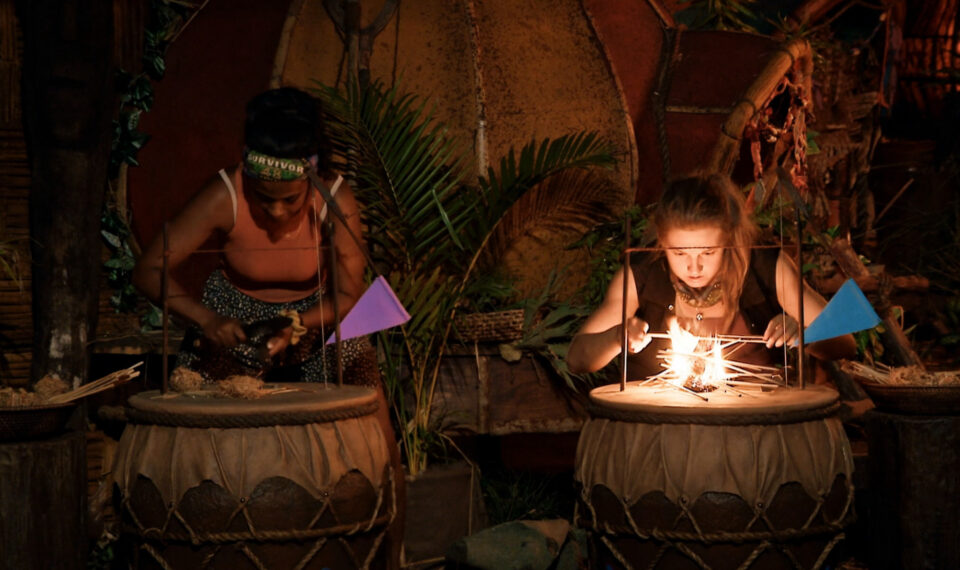 Kamilla Karthigesu and Eva Erickson compete in the fire-making challenge in the 'Survivor' Season 48 finale