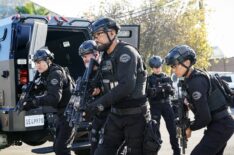 David Lim as Victor Tan, Jay Harrington as David “Deacon” Kay, Shemar Moore as Daniel “Hondo” Harrelson, and Annie Ilonzeh as Devin Gamble — 'S.W.A.T.' Season 8 Episode 14 'The Santa Clara'