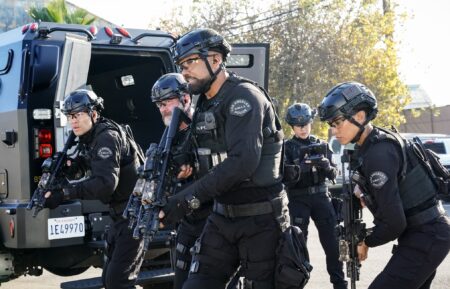 David Lim as Victor Tan, Jay Harrington as David “Deacon” Kay, Shemar Moore as Daniel “Hondo” Harrelson, and Annie Ilonzeh as Devin Gamble — 'S.W.A.T.' Season 8 Episode 14