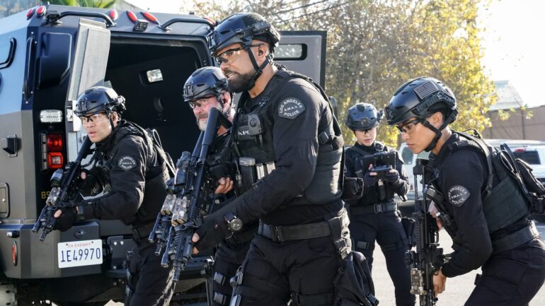 David Lim as Victor Tan, Jay Harrington as David “Deacon” Kay, Shemar Moore as Daniel “Hondo” Harrelson, and Annie Ilonzeh as Devin Gamble — 'S.W.A.T.' Season 8 Episode 14 