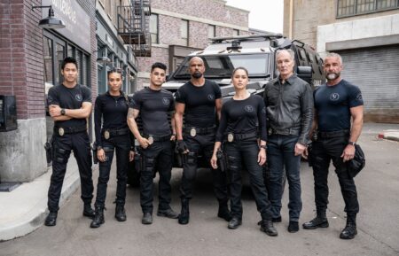 David Lim as Victor Tan, Annie Ilonzeh as Devin Gamble, Niko Pepaj as Miguel Alfaro, Shemar Moore as Daniel “Hondo” Harrelson, Anna Enger Ritch as Zoe Powell, Patrick St. Esprit as Commander Robert Hicks and Jay Harrington as David “Deacon” Kay — 'S.W.A.T.' Series Finale 