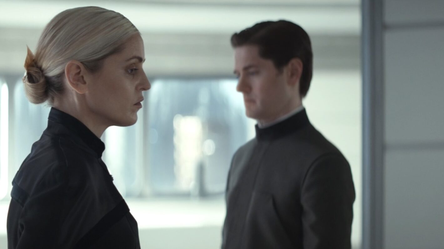 Kyle Soller as Syril Karn and Denise Gough as Dedra Meero in Andor Season 2