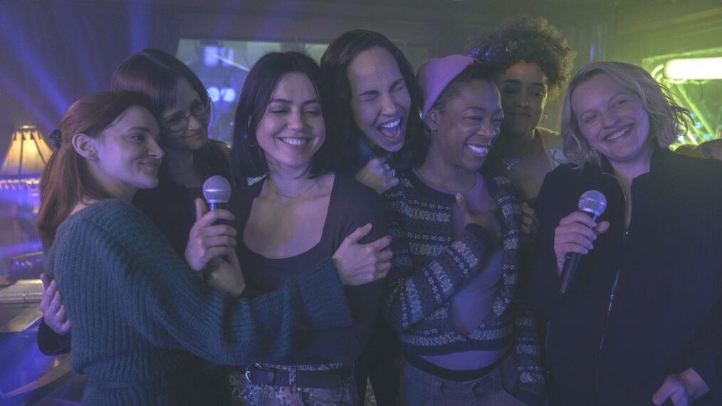 Madeline Brewer, Alexis Bledel, Nina Kiri, Amanda Brugel, Samira Wiley, Bahia Watson, and Elisabeth Moss singing in 'The Handmaid's Tale' series finale