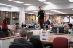 Sabrina Impacciatore, Oscar Nunez, and Domhnall Gleeson in Peacocks' 'The Office' spinoff 'The Paper'