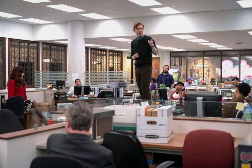 Sabrina Impacciatore, Oscar Nunez, and Domhnall Gleeson in Peacocks' 'The Office' spinoff 'The Paper'