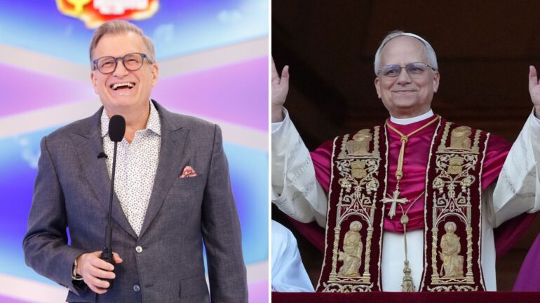 (left) The Price Is Right host Drew Carey, (right) Pope Leo XIV