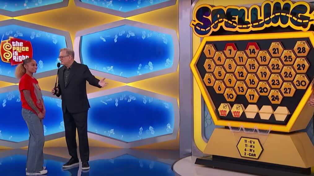 The Price is Right contestant Tiphiny Davis on May 27, 2025 playing Spelling Bee with host Drew Carey