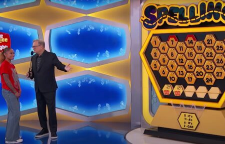 The Price is Right contestant Tiphiny Davis on May 27, 2025 playing Spelling Bee with host Drew Carey
