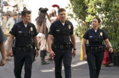Nathan Fillion as Nolan, Eric Winter as Tim, and Melissa O'Neil as Lucy — 'The Rookie' Season 7 'The Kiss'