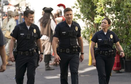 Nathan Fillion as Nolan, Eric Winter as Tim, and Melissa O'Neil as Lucy — 'The Rookie' Season 7