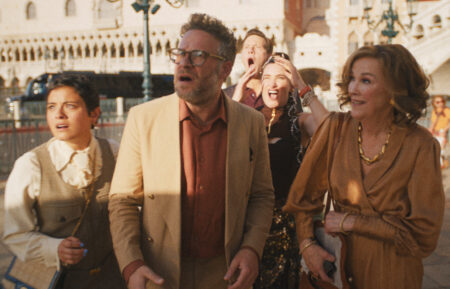 Chase Sui Wonders, Seth Rogen, Ike Barinholtz, Kathryn Hahn, and Catherine O’Hara in 'The Studio' Season 1 finale