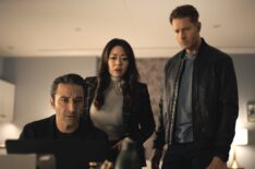 Pej Vahdat as Leonard Sharf, Fiona Rene as Reenie Greene, and Justin Hartley as Colter Shaw — 'Tracker' Season 2 Episode 19 'Rules of the Game'