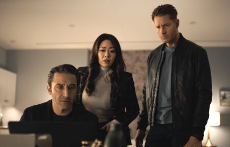 Pej Vahdat as Leonard Sharf, Fiona Rene as Reenie Greene, and Justin Hartley as Colter Shaw — 'Tracker' Season 2 Episode 19