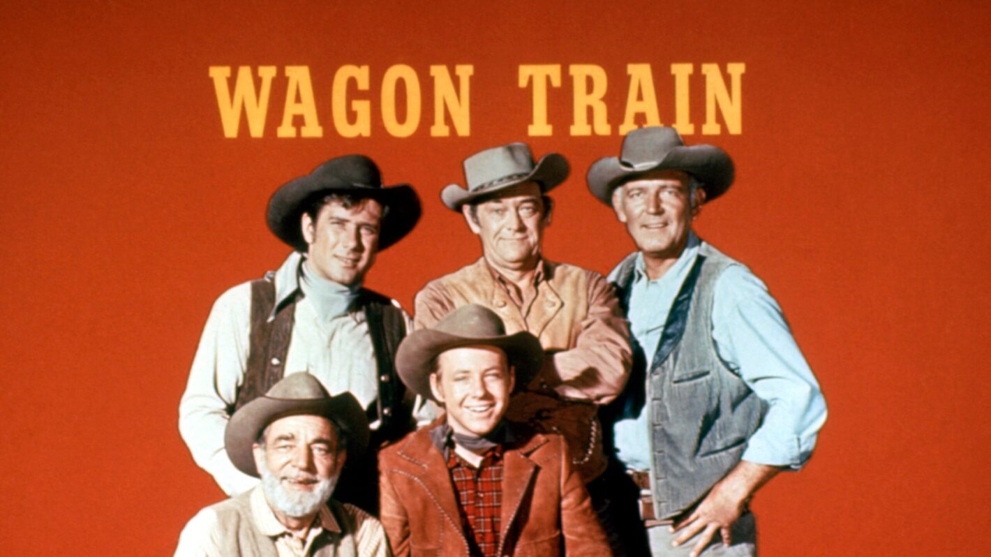 WAGON TRAIN, (back row, l to r): Robert Horton, John McIntire, Terry Wilson, (front): Frank McGrath, Michael Burns, 1957-65