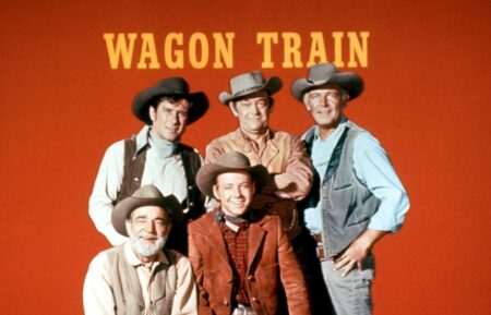 WAGON TRAIN, (back row, l to r): Robert Horton, John McIntire, Terry Wilson, (front): Frank McGrath, Michael Burns, 1957-65