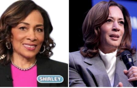 Wheel of Fortune contestant Shirley King on May 15,2025 and Kamala Harris (right)