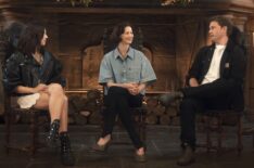 Hermione Corfield, Caitriona Balfe, and Jeremy Irvine for World 'Outlander' Day