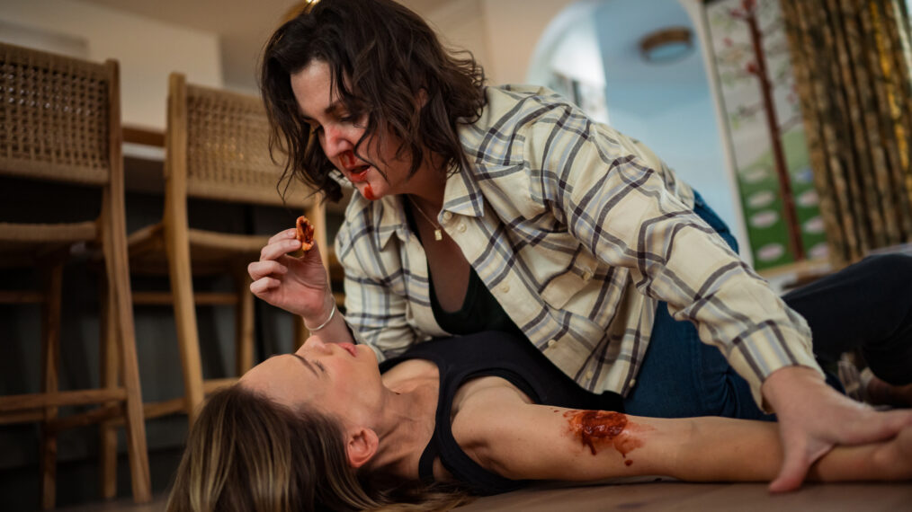 Hilary Swank as Melissa and Melanie Lynskey as Shauna in 'Yellowjackets' Season 3 Episode 8, 'A Normal, Boring Life'