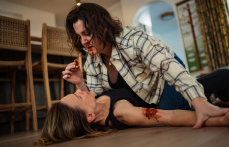 Hilary Swank as Melissa and Melanie Lynskey as Shauna in 'Yellowjackets' Season 3 Episode 8, 'A Normal, Boring Life'