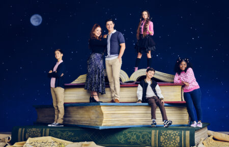 David Henrie as Justin Russo, Janice LeAnn Brown as Billie, Alkaio Thiele as Roman Russo, Max Matenko as Milo Russo, Taylor Cora as Winter, and Mimi Gianopulos as Giada Russo in Wizards of Waverley Place