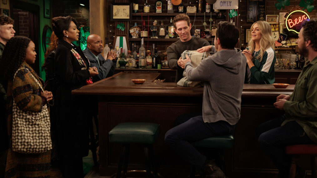 IT'S ALWAYS SUNNY IN PHILADELPHIA -- Season 17 -- Pictured (L-R): Chris Perfetti as Jacob Hill, Quinta Brunson as Janine Teagues, Sheryl Lee Ralph as Barbara Howard, William Stanford Davis as Mr. Johnson, Glenn Howerton as Dennis, Rob McElhenney as Mac, Kaitlin Olson as Dee, Charlie Day as Charlie.