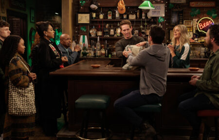 IT'S ALWAYS SUNNY IN PHILADELPHIA -- Season 17 -- Pictured (L-R): Chris Perfetti as Jacob Hill, Quinta Brunson as Janine Teagues, Sheryl Lee Ralph as Barbara Howard, William Stanford Davis as Mr. Johnson, Glenn Howerton as Dennis, Rob McElhenney as Mac, Kaitlin Olson as Dee, Charlie Day as Charlie.
