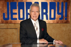 Host Alex Trebek poses on the set at Sony Pictures for the 28th Season Premiere of the television show 'Jeopardy' on September 20, 2011 in Culver City, California