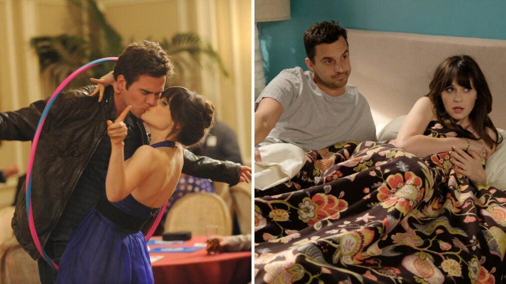 Zooey Deschanel, David Walton, and Jake Johnson as Jess, Sam, and Nick in New Girl