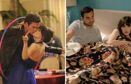 Zooey Deschanel, David Walton, and Jake Johnson as Jess, Sam, and Nick in New Girl