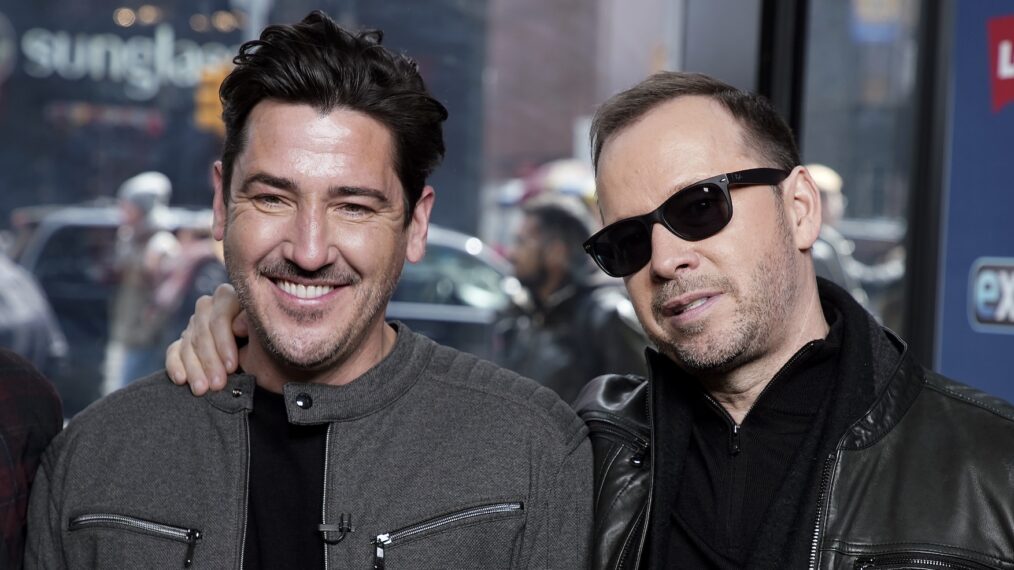Jonathan Knight and Donnie Wahlberg visit 'Extra' at The Levi's Store Times Square in New York City in March 2019.