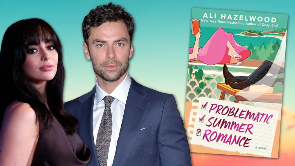 Aubri Ibrag and Aidan Turner next to the cover of 'Problematic Summer Romance'