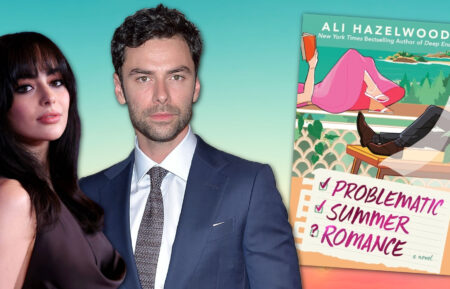 Aubri Ibrag and Aidan Turner next to the cover of 'Problematic Summer Romance'