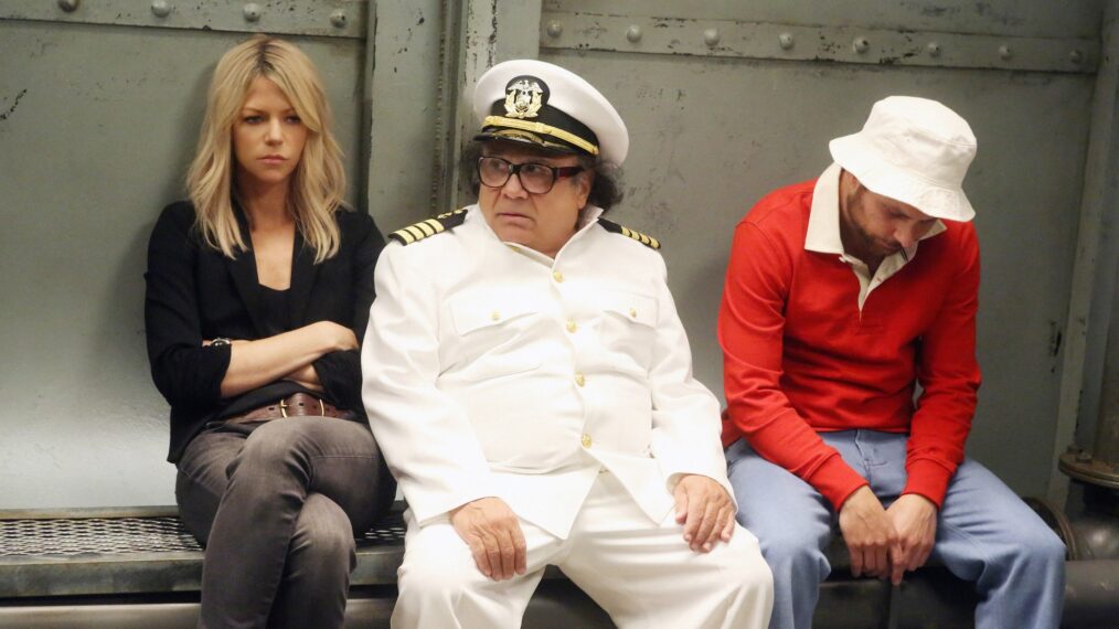 Kaitlin Olson, Danny DeVito, and Charle Day on 'It's Always Sunny in Philadelphia,' Season 11, Episode 9, 'The Gang Goes to Hell: Part 1'