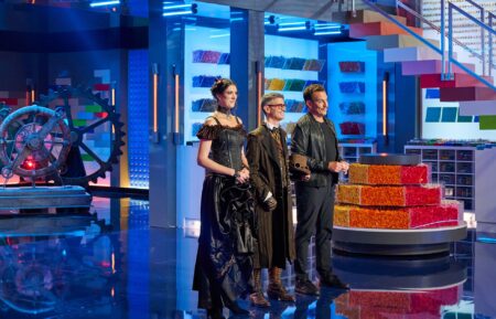 Judges Amy Corbett and Jamie Berard with Host Will Arnett in the Lego Masters 'Get in Gear'