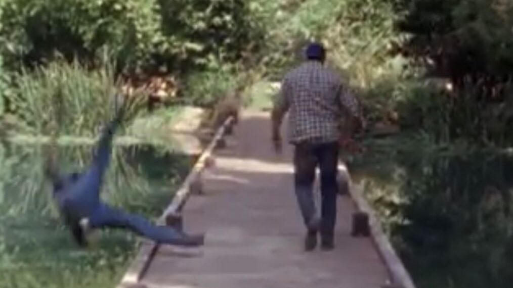 Scott Patterson shoves Milo Ventimiglia into a lake