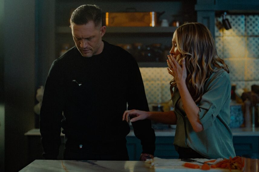 L-R Tom Hardy as Harry Da Souza and Joanne Froggatt as Jan Da Souza in MOBLAND, episode 10, season 1, Streaming on Paramount+ 2025. Photo Credit: Luke Varley/Paramount+