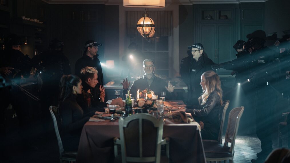 Mandeep Dhillon as Seraphina Harrigan, Anson Boon as Eddie Harrigan, Helen Mirren as Maeve Harrigan, Pierce Brosnan as Conrad Harrigan and Joanne Froggatt as Jan Da Souza in Mobland - episode 9, season 1