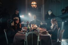 Mandeep Dhillon as Seraphina Harrigan, Anson Boon as Eddie Harrigan, Helen Mirren as Maeve Harrigan, Pierce Brosnan as Conrad Harrigan and Joanne Froggatt as Jan Da Souza in Mobland - episode 9, season 1