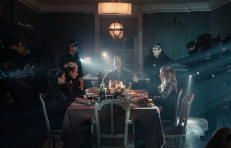 Mandeep Dhillon as Seraphina Harrigan, Anson Boon as Eddie Harrigan, Helen Mirren as Maeve Harrigan, Pierce Brosnan as Conrad Harrigan and Joanne Froggatt as Jan Da Souza in Mobland - episode 9, season 1