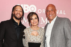 Jalen Brunson, Mariska Hargitay, and Rick Brunson at the 2025 Tribeca Festival at the premiere of 'My Mom Jayne'