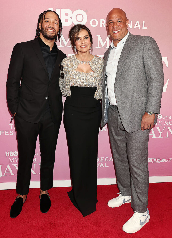 Jalen Brunson, Mariska Hargitay, and Rick Brunson at the 2025 Tribeca Festival at the premiere of 'My Mom Jayne'
