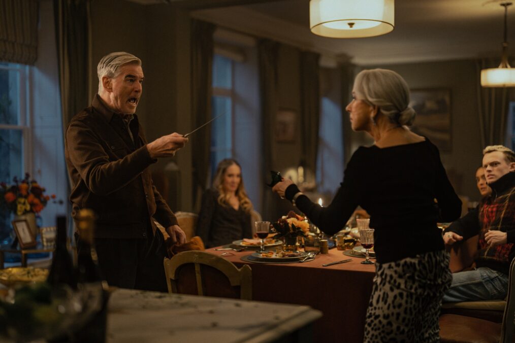 L-R Pierce Brosnan as Conrad Harrigan, Joanne Froggatt as Jan Da Souza, Helen Mirren as Maeve Harrigan, Mandeep Dhillon as Seraphina Harrigan and Anson Boon as Eddie Harrigan in MOBLAND, episode 9, season 1, Streaming on Paramount+ 2025. Photo Credit: Luke Varley/Paramount+