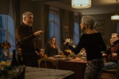 Pierce Brosnan as Conrad Harrigan, Joanne Froggatt as Jan Da Souza, Helen Mirren as Maeve Harrigan, Mandeep Dhillon as Seraphina Harrigan and Anson Boon as Eddie Harrigan in Mobland - episode 9, season 1 - 'Beggars Banquet'