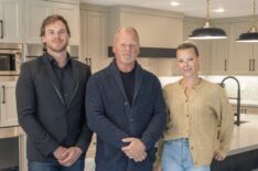 Michael Holmes, Mike Holmes, and Sherry Holmes pose in Tom and Estrella's new kitchen as seen on HGTV’s Holmes Family Rescue Season 2