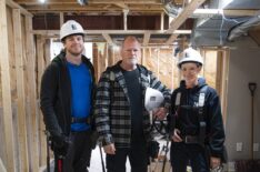 Michael Holmes, Mike Holmes, and Sherry Holmes stand ready for demo in Patrick and Stokely's basement as seen on Holmes Family Rescue, Season 2