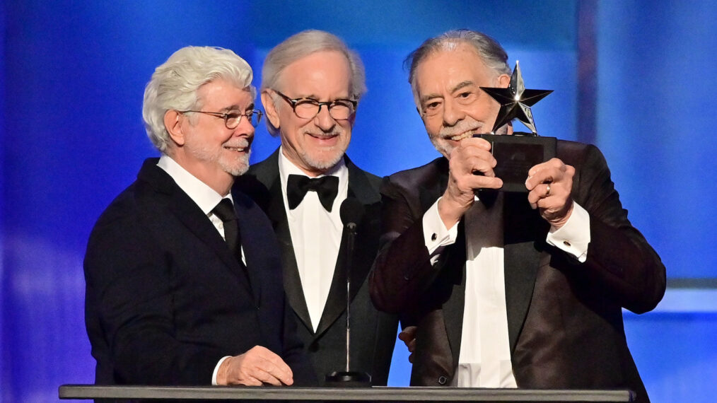 George Lucas, Steven Spielberg and Francis Ford Coppola speak onstage during the 50th Annual AFI Life Achievement Award honoring Francis Ford Coppola at Dolby Theatre on April 26, 2025 in Hollywood, California.
