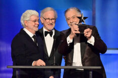 George Lucas, Steven Spielberg and Francis Ford Coppola speak onstage during the 50th Annual AFI Life Achievement Award honoring Francis Ford Coppola at Dolby Theatre on April 26, 2025 in Hollywood, California.