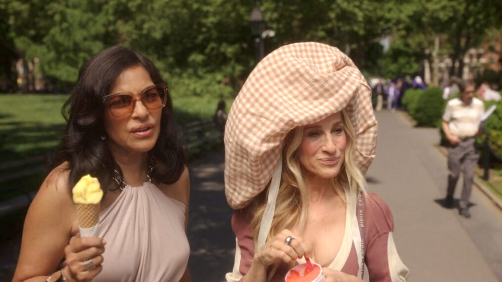 Sarita Choudhury as Seema Patel and Sarah Jessica Parker as Carrie Bradshaw in 'And Just Like That…'