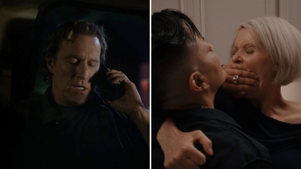 John Corbett as Aidan in 'And Just Like That' Season 3; Sara Ramirez as Che and Cynthia Nixon as Miranda in 'And Just Like That' Season 1